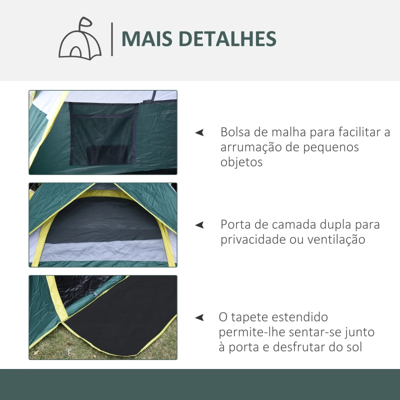 Outsunny Tenda de Campismo para 2-3 Pessoas Dobrável com 3 Janelas Bolsa de Transporte e Abertura Automática 205x195x135 cm Verde