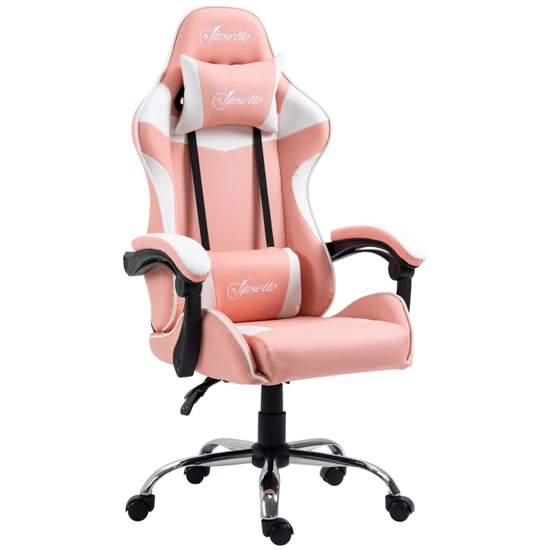 Vinsetto Cadeira Gaming Ergonômica Cadeira Reclinável com Altura Ajustável Apoio para a Cabeça e Lombar 63x67x122-130cm Rosa e Branco