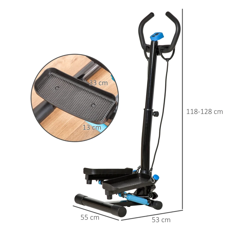 HOMCOM Máquina de Step Fitness com Guiador Ajustável em Altura Tela LCD Bandas Elásticas Pedais Antiderrapantes Equipamento de Exercício para Academia em Casa 55x53x118-128cm Preto