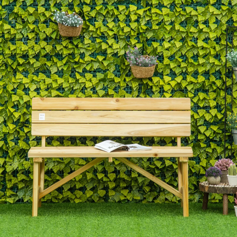 Outsunny Panchina da Giardino in Legno 2 Posti a Doghe con Schienale Alto, 116x56x80cm, Colore Naturale