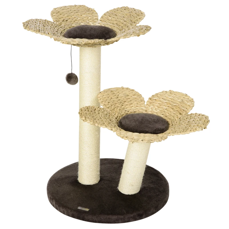 PawHut Árvore Arranhador para Gatos Médios Altura 69cm Torre para Gatos com Cama com Forma de Flor Poste de Sisal e Bola Suspensa para Brincar 50x50x69cm Marrom e Creme