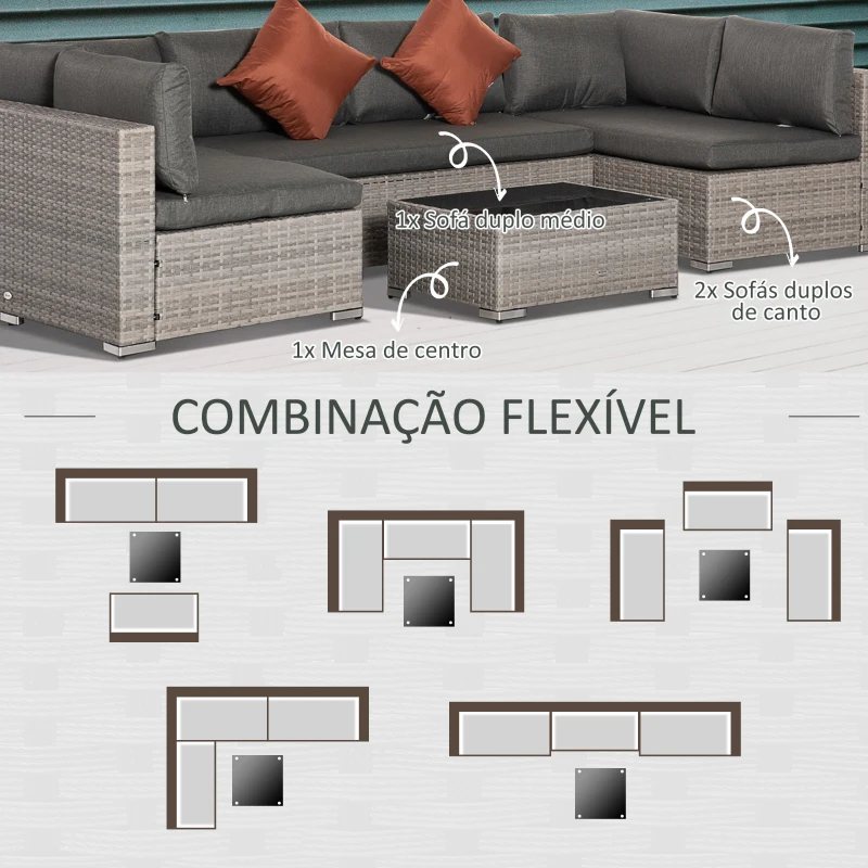 Outsunny Conjunto de Móveis de Jardim de Vime 4 Peças Mesa de Centro Sofá Duplo e 2 Sofás Laterais com Almofadas Amovíveis para Terraço Exterior Cinza