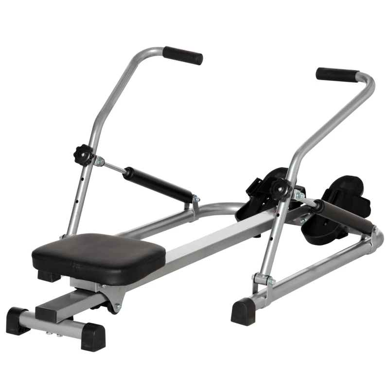 HOMCOM Máquina de Remo Hidráulico Dobrável com 4 Níveis de Resistência Ecrã Digital e Pedal Antiderrapante para Fitness em Casa Aço 129x70x70cm Preto e Prata