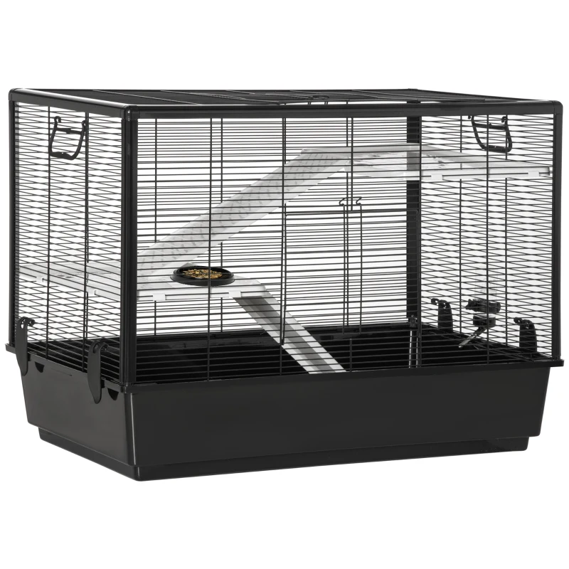 PawHut Gaiola Pequena para Roedores 80x48x58cm Gaiola para Hamster com 2 Portas 2 Rampas 2 Plataformas Comedouro e 2 Alças Portátil Preto