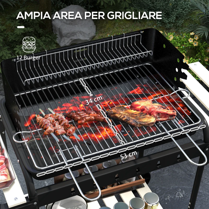 Outsunny Barbecue a Carbonella ad Altezza Regolabile con 3 Ripiani e Vassoio, in Metallo Legno, 113x53.5x82.5 cm, Nera