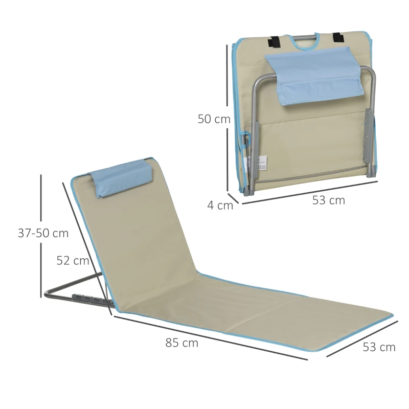Outsunny Conjunto de 2 Esteiras de Praia Dobráveis 124x53x50cm com Encosto Ajustável e Apoio para a Cabeça Esteira de Praia Tecido Oxford Aço com Bolsa de Transporte Bege e Azul