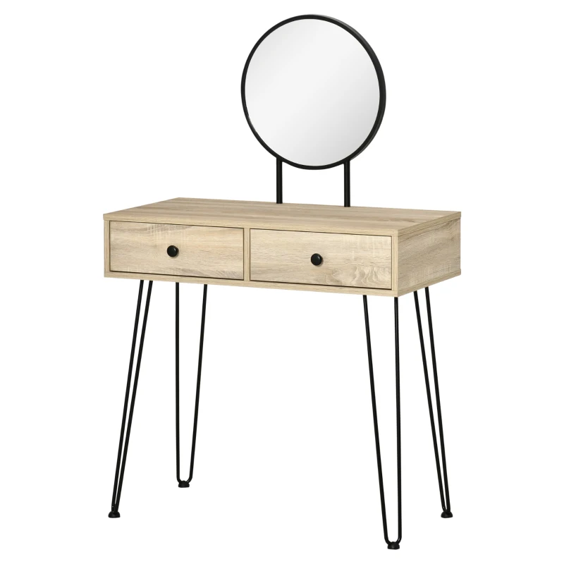 HOMCOM Toucador de Maquilhagem Mesa de Maquilhagem com Espelho Redondo 2 Gavetas e Pés de Metal Estilo Moderno para Dormitório 80x40x125cm Carvalho