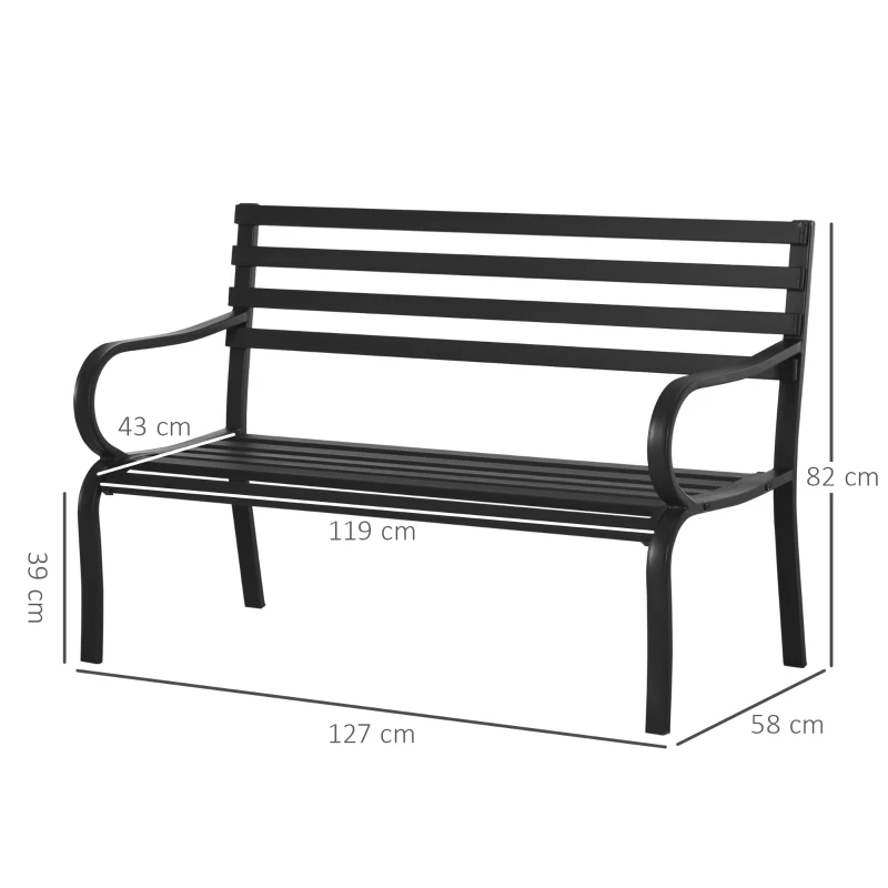 Outsunny Panchina da Esterno in Metallo Impermeabile Nero, Panca da Giardino a due Posti, 127 x 62 x 82cm - Max 240kg