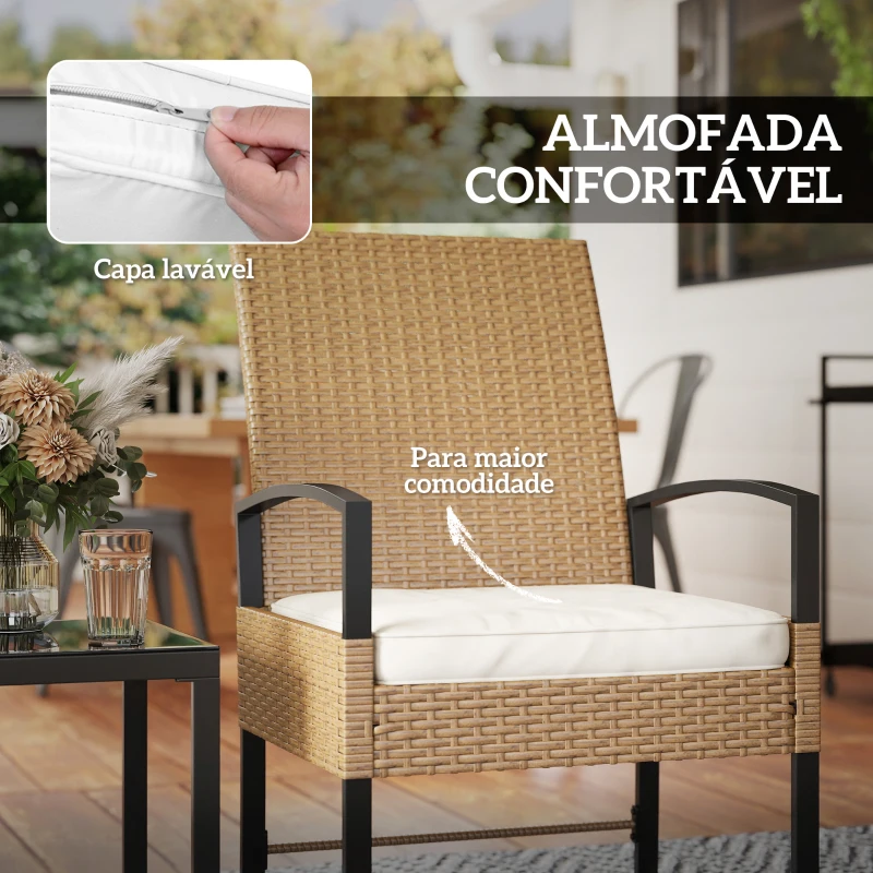Outsunny Conjunto de Jardim de 3 Peças com 2 Cadeiras e Mesa de Vime com Encosto Ajustável e Bancada de Vidro Bege e Branco