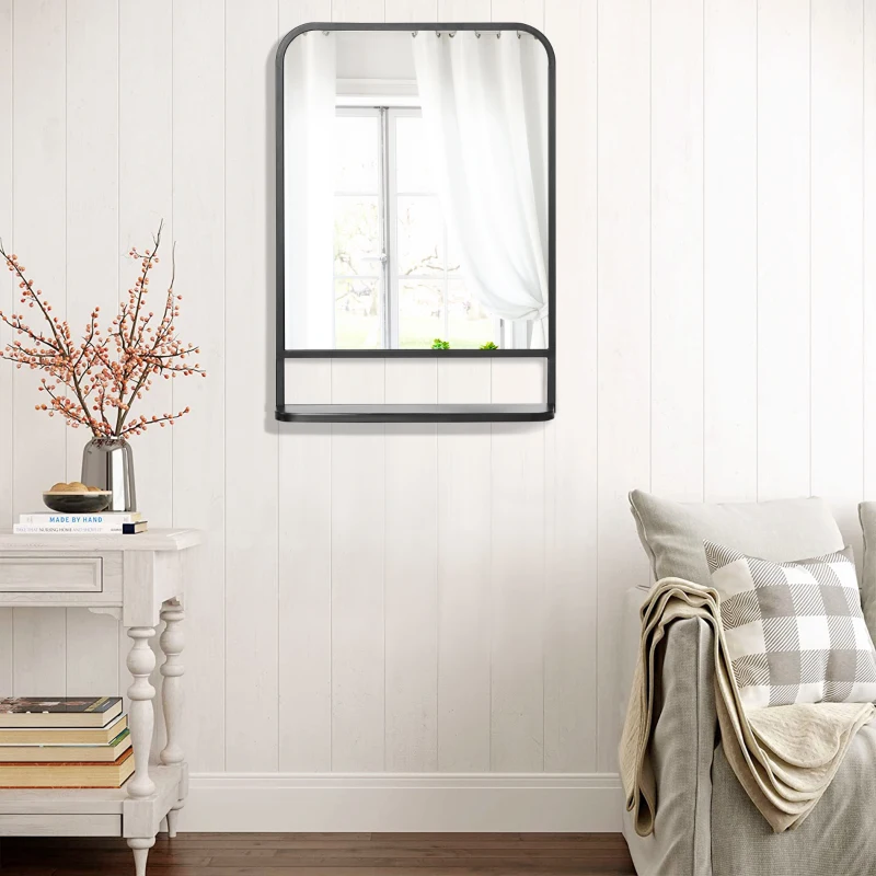 HOMCOM Espelho Decorativo de Parede 70x50cm Espelho Retangular de Metal com Prateleira de Armazenamento Estilo Moderno Preto