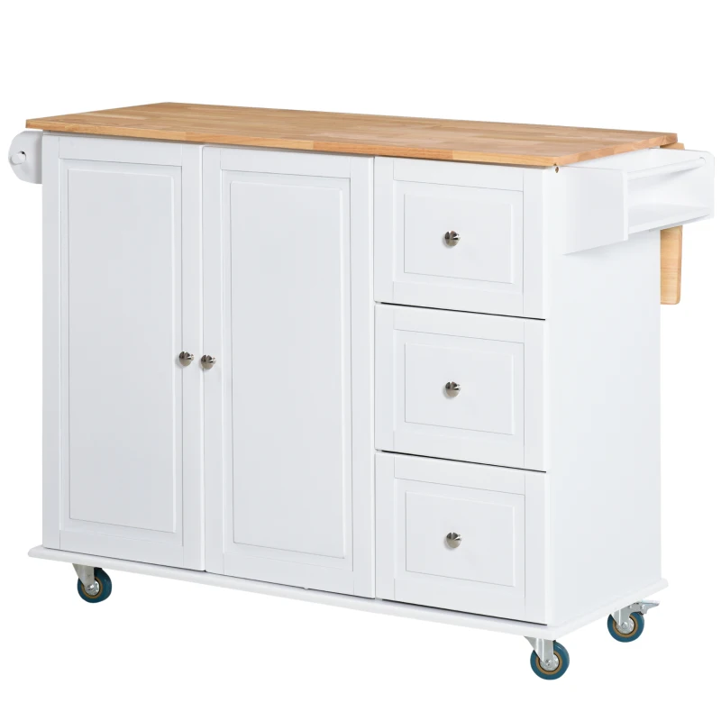 HOMCOM Carrinho de Cozinha com Rodas Carrinho de Cozinha com Bancada Rebatível 3 Gavetas 1 Armário com Prateleira Interior Ajustável e Suporte para Temperos 128,8x75,5x92,5cm Branco e Natural