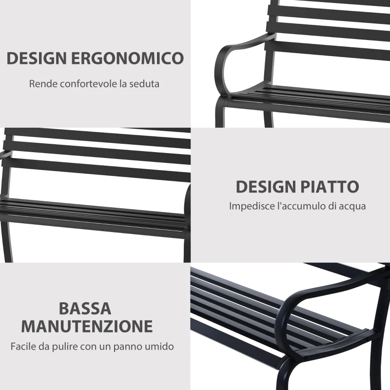 Outsunny Panchina da Esterno in Metallo Impermeabile Nero, Panca da Giardino a due Posti, 127 x 62 x 82cm - Max 240kg