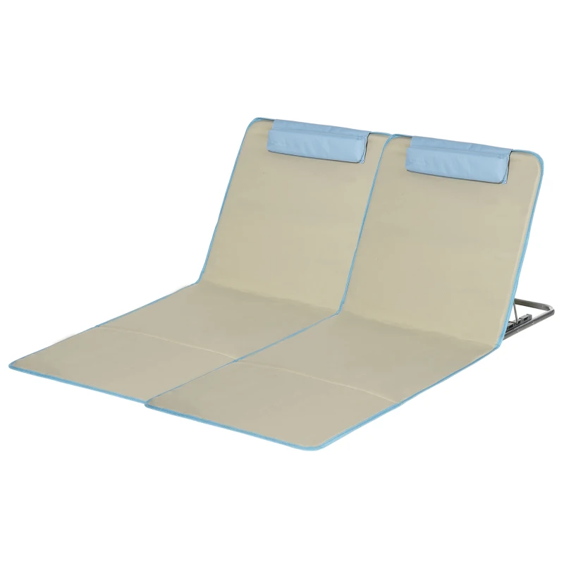 Outsunny Conjunto de 2 Esteiras de Praia Dobráveis 124x53x50cm com Encosto Ajustável e Apoio para a Cabeça Esteira de Praia Tecido Oxford Aço com Bolsa de Transporte Bege e Azul