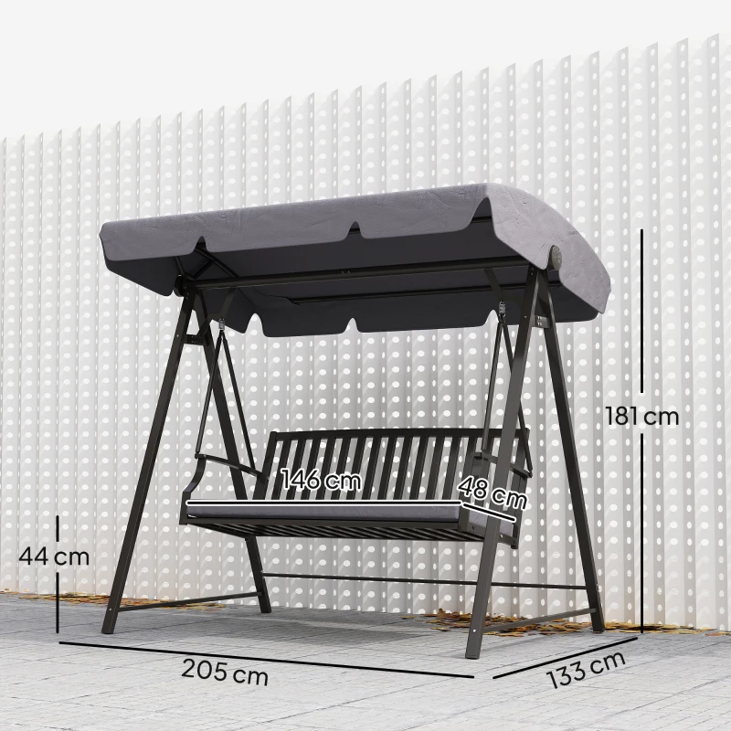 Outsunny Baloiço de Jardim para 3 Pessoas Banco Baloiço com Toldo Ajustável Almofada e Estrutura de Aço 205x133x181 cm Cinzento