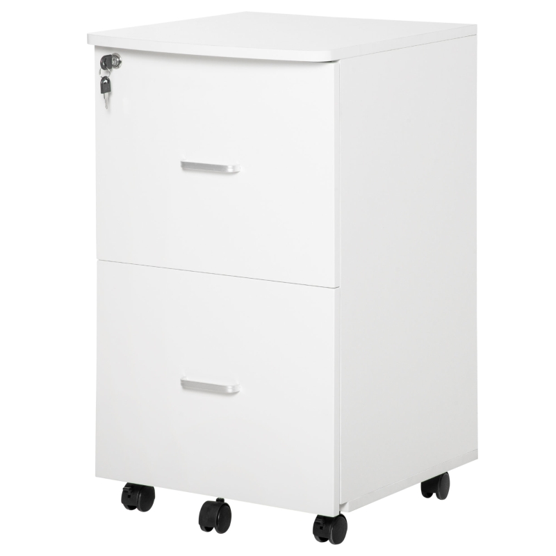 Vinsetto Bloco de Gavetas de Escritório Móvel Auxiliar para Arquivos com 2 Gavetas Fechadura 2 Chaves 5 Rodas e 2 Freios para Estúdio Escritório Dormitório 43x45x72cm Branco