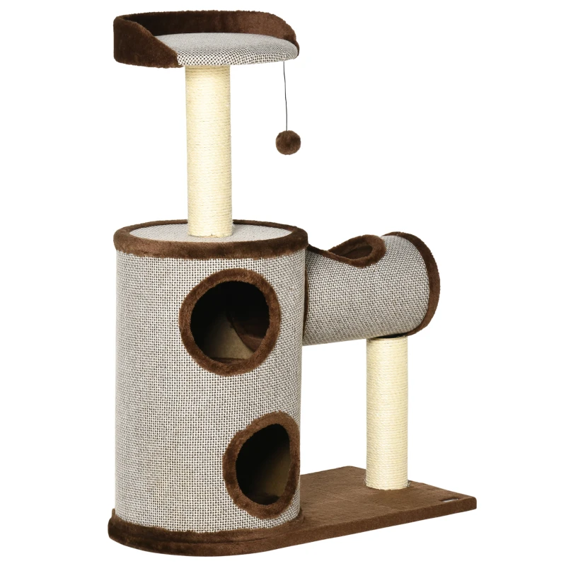 PawHut Árvore Arranhador para Gatos Médios Altura 104cm Torre de Escalada para Gatos com Barril Arranhador Plataforma Superior Túnel Poste de Sisal e Bola Suspensa 75x39x104cm Marrom