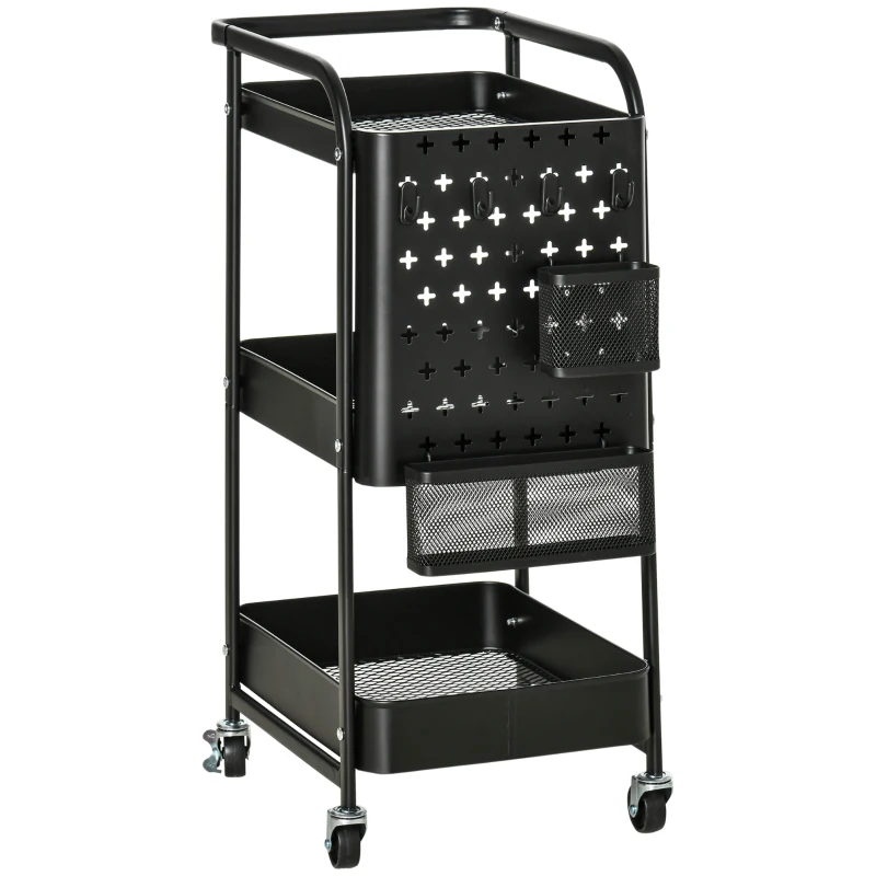 HOMCOM Carrinho de Cozinha com Rodas Carrinho de Armazenamento de 3 Níveis com 4 Ganchos 2 Cestas Alça de Transporte e Rodas com Freio para Casa de Banho Escritório Dormitório 51,5x32x75,6cm Preto