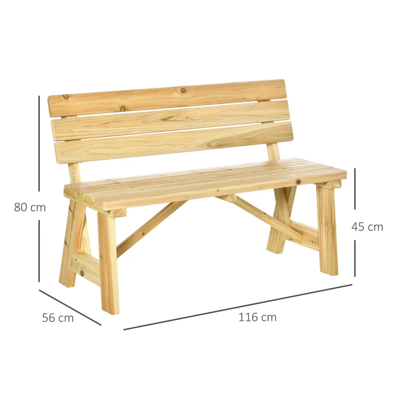 Outsunny Panchina da Giardino in Legno 2 Posti a Doghe con Schienale Alto, 116x56x80cm, Colore Naturale
