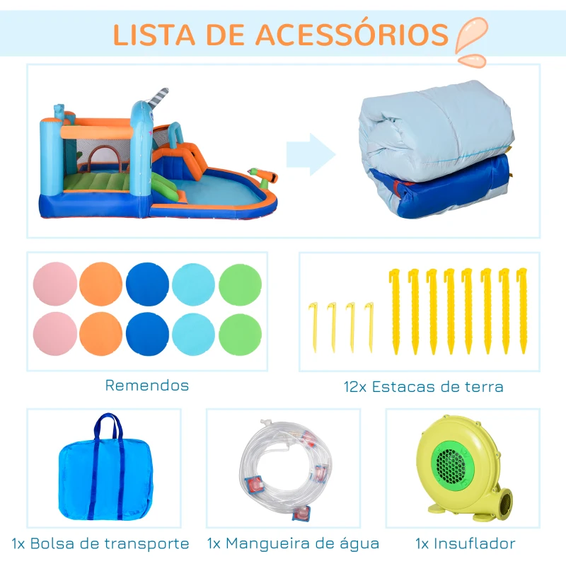 Outsunny Castelo Insuflável com Escorrega Trampolim Piscina Inflador e Bolsa de Transporte para Exterior 420x370x230cm Multicolorido
