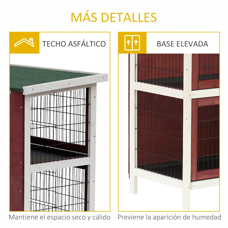 PawHut Coelheira de Madeira Exterior de 2 Níveis Gaiola para Coelhos com Teto Asfáltico 4 Portas e Bandejas Removíveis 136x50x93cm Marrom Avermelhado