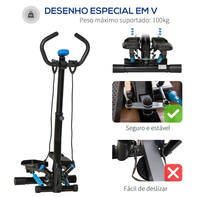 HOMCOM Máquina de Step Fitness com Guiador Ajustável em Altura Tela LCD Bandas Elásticas Pedais Antiderrapantes Equipamento de Exercício para Academia em Casa 55x53x118-128cm Preto