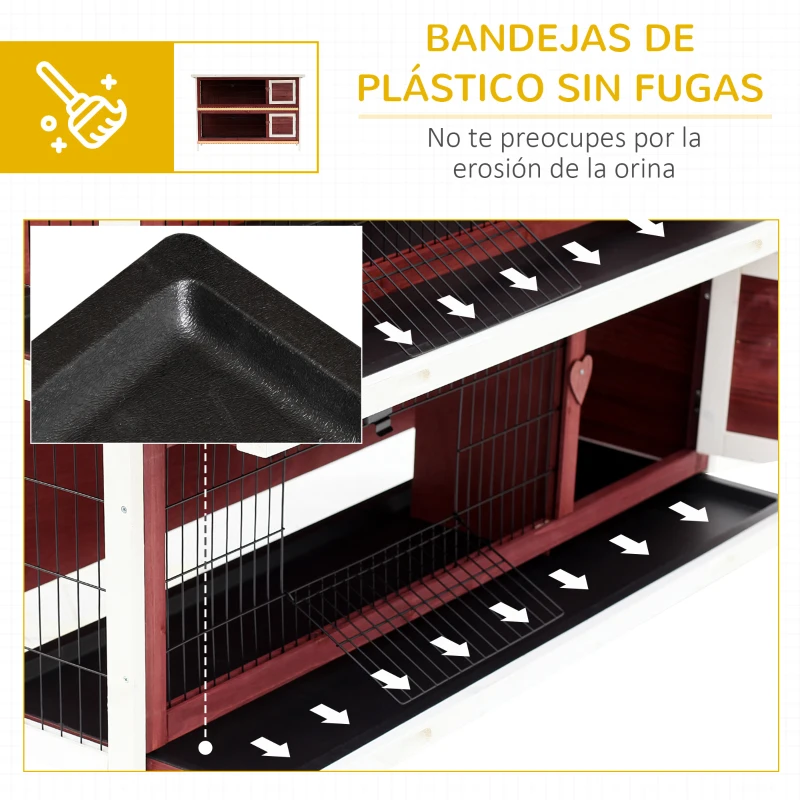 PawHut Coelheira de Madeira Exterior de 2 Níveis Gaiola para Coelhos com Teto Asfáltico 4 Portas e Bandejas Removíveis 136x50x93cm Marrom Avermelhado