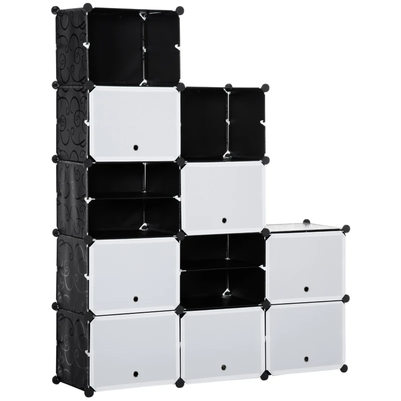 HOMCOM Armário Modular de Plástico Armário com 12 Cubos Organizadores de Sapatos Roupas Brinquedos 125x32x125cm Branco e Preto