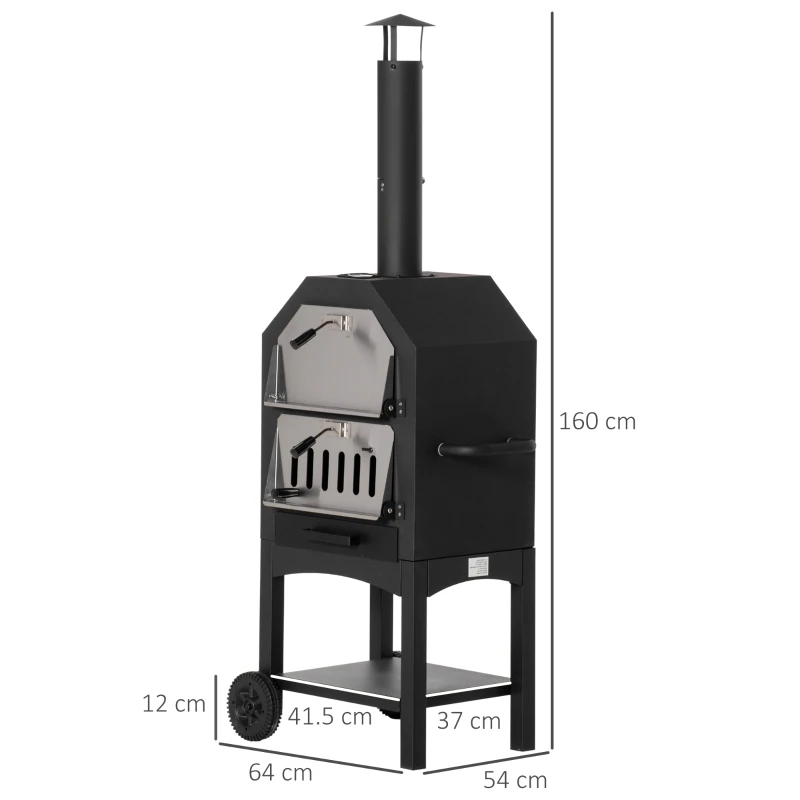 Outsunny Forno per Pizza Barbecue a Carbonella, BBQ da Esterni/Giardino in Acciaio Inox con Termometro, 64x54x160cm