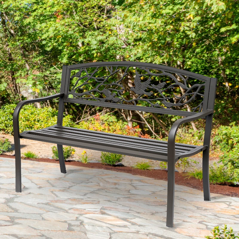 Outsunny Panchina da giardino Impermeabile Acciaio e Ghisa per Esterni, Schienale con Decorazioni Motivo Naturale, 127x60cm, Marrone