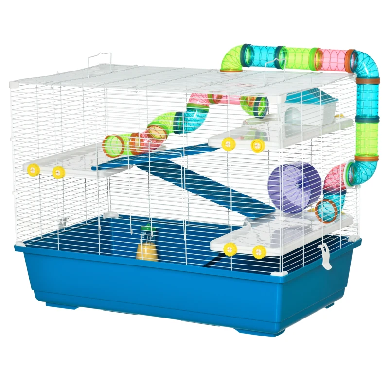 PawHut Gaiola para Hámster 79x46x60cm Gaiola para Roedores com 3 Plataformas Tubos Comedouro Bebedouro 3 Rampa Roda de Exercícios e 2 Alça Portáteis Multicor