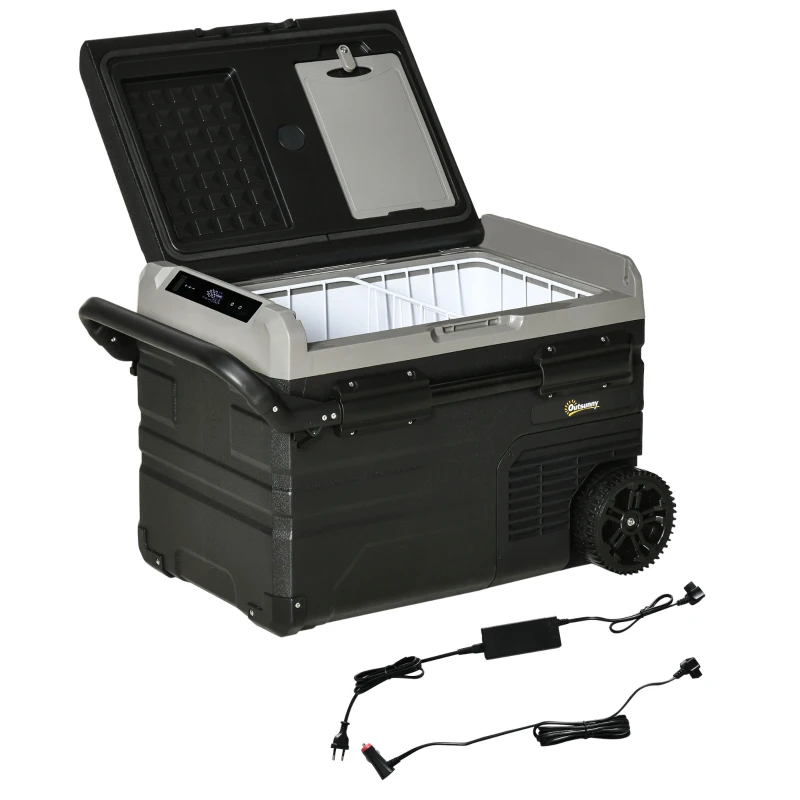 Outsunny Geleira Elétrica de Compressor Portátil 40L Geleira de Carro CC 12V/24V até -20℃ com Ecrã LED Tátil Alça Retrátil e Rodas 71,1x46x44 cm Preto