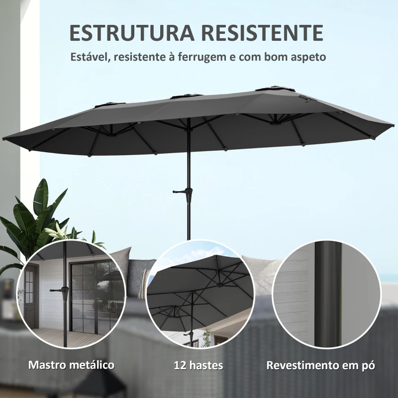 Outsunny Chapéu de Sol Duplo 4x2,2 m Chapéu de Sol para Jardim com Manivela Manual Impermeável e Proteção UV30+ Cinza Escuro