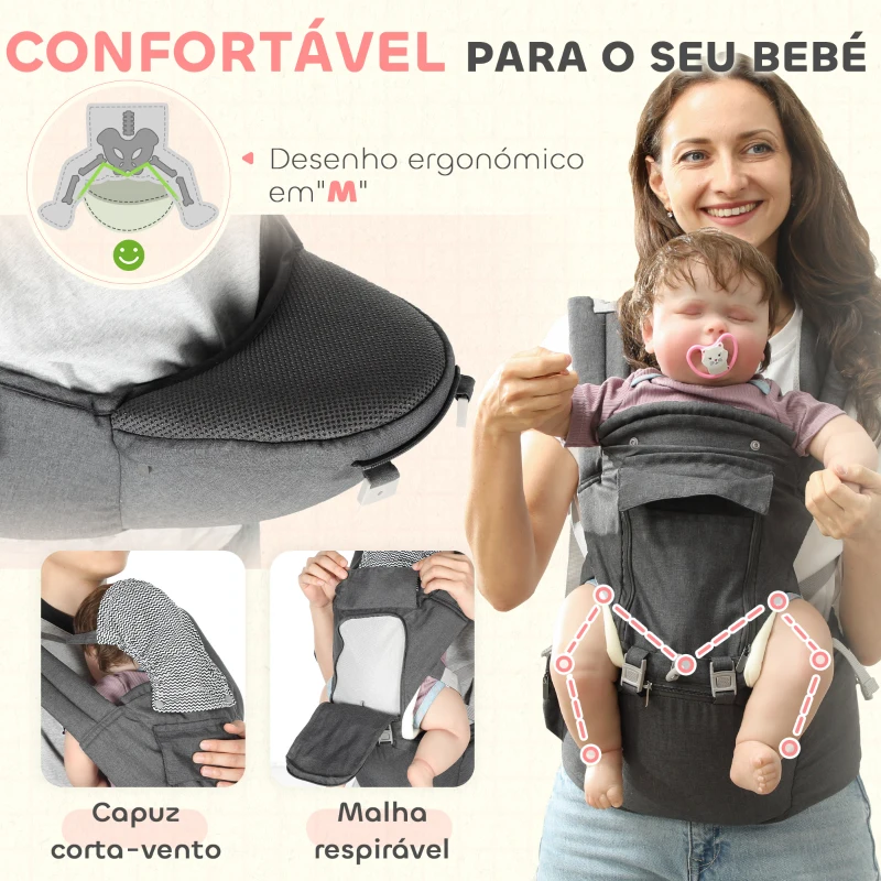 AIYAPLAY Marsúpio para Recém Nascidos até 36 Meses Mochila Porta Bebés com Assento Amovível Cinto Ajustável 40x30x57 cm Cinza