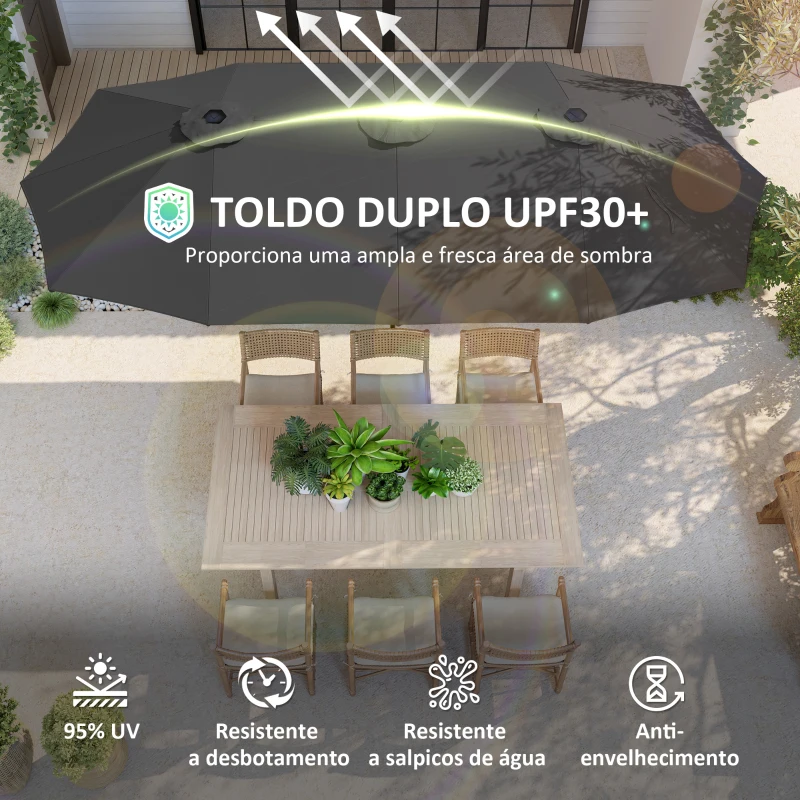Outsunny Chapéu de Sol Duplo 4x2,2 m Chapéu de Sol para Jardim com Manivela Manual Impermeável e Proteção UV30+ Cinza Escuro