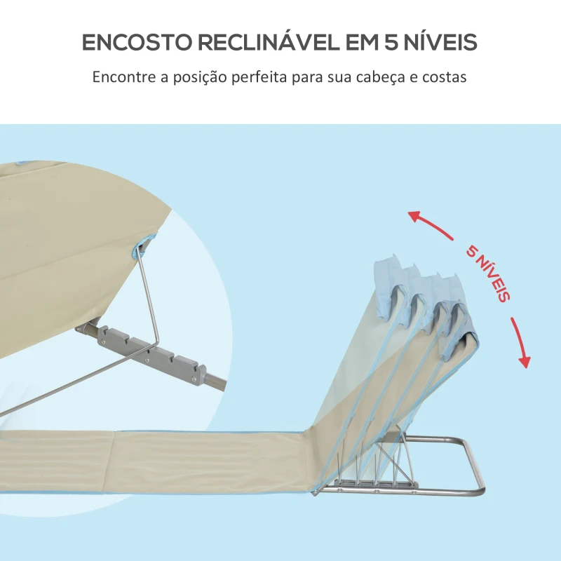 Outsunny Conjunto de 2 Esteiras de Praia Dobráveis 124x53x50cm com Encosto Ajustável e Apoio para a Cabeça Esteira de Praia Tecido Oxford Aço com Bolsa de Transporte Bege e Azul