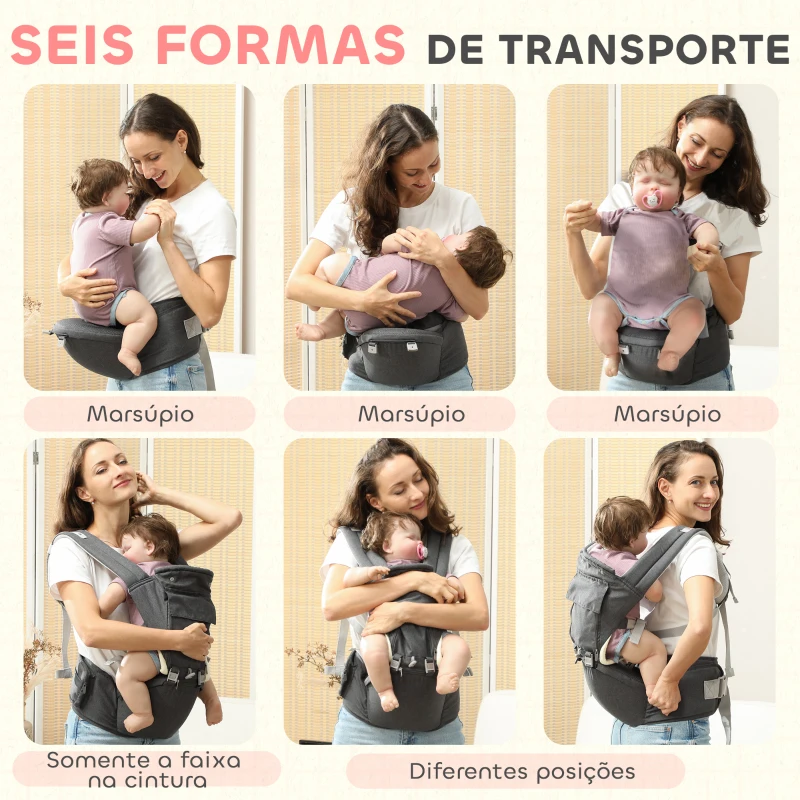 AIYAPLAY Marsúpio para Recém Nascidos até 36 Meses Mochila Porta Bebés com Assento Amovível Cinto Ajustável 40x30x57 cm Cinza
