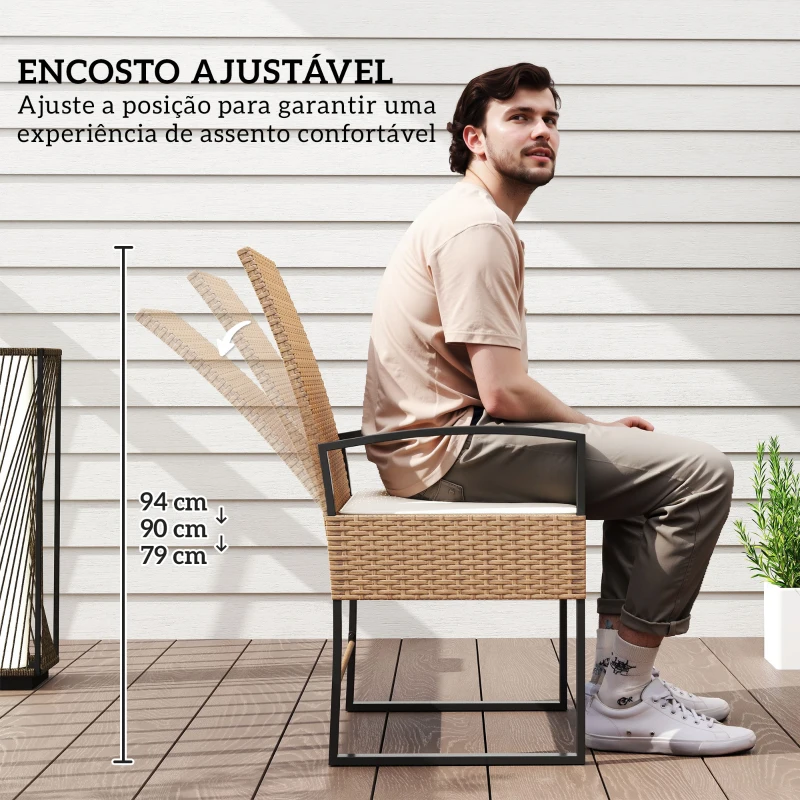 Outsunny Conjunto de Jardim de 3 Peças com 2 Cadeiras e Mesa de Vime com Encosto Ajustável e Bancada de Vidro Bege e Branco