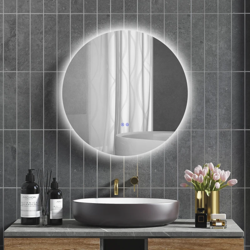 kleankin Specchio Rotondo Luminoso a LED per Bagno Ø 80 cm da Parete con Interruttore Touch e Anti-Appannamento