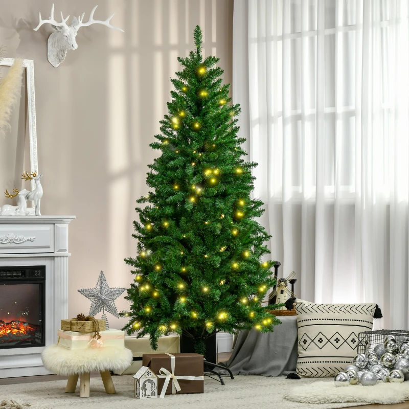 HOMCOM Árvore de Natal Artificial Ignífugo com 714 Ramos 200 Luzes LED IPX2 8 Modos Folhas de PVC Base Dobrável  Verde