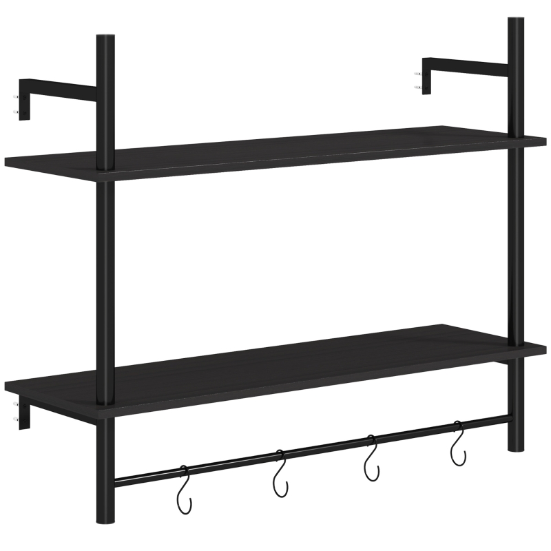 HOMCOM Estante de Parede de 2 Níveis Estante Suspensa com 4 Ganchos 2 Prateleiras e Estrutura de Metal 80x24x65 cm Preto