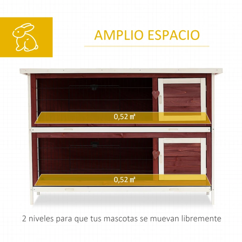 PawHut Coelheira de Madeira Exterior de 2 Níveis Gaiola para Coelhos com Teto Asfáltico 4 Portas e Bandejas Removíveis 136x50x93cm Marrom Avermelhado