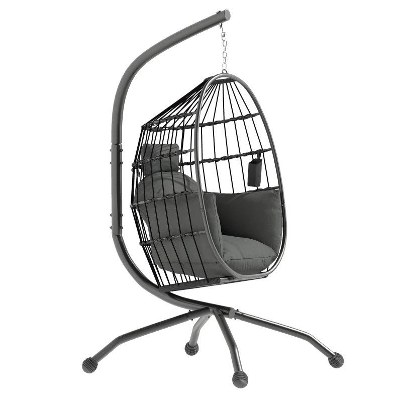 Outsunny Cadeira Suspensa com Suporte Cadeira Baloiço de Jardim com Cesto Dobrável Almofada e Apoio para a Cabeça 120x88x192 cm Preto