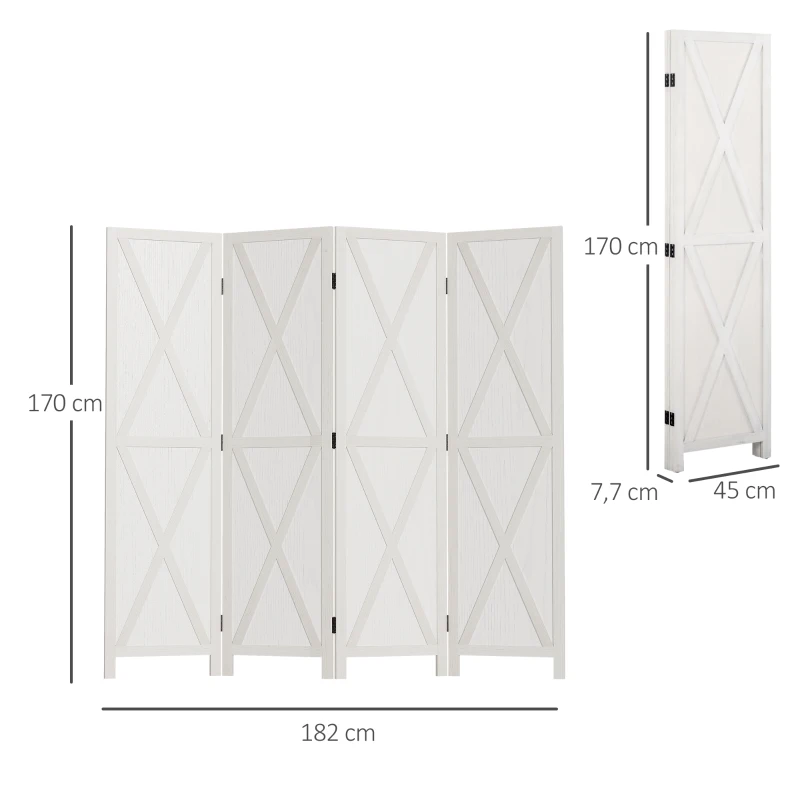 HOMCOM Biombo de 4 Paineis Separador de Ambientes Dobrável 182x170cm Divisória para Espaços de Madeira Decoração Elegante para Dormitório Sala de Estar Branco