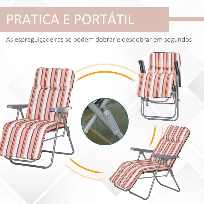 Outsunny 2 Espreguiçadeiras de Jardim Dobráveis Espreguiçadeiras de Aço com Almofada Acolchoada Encosto Ajustável em 5 Posições e Apoio para os Pés 60x75x65-102cm Laranja e Branco