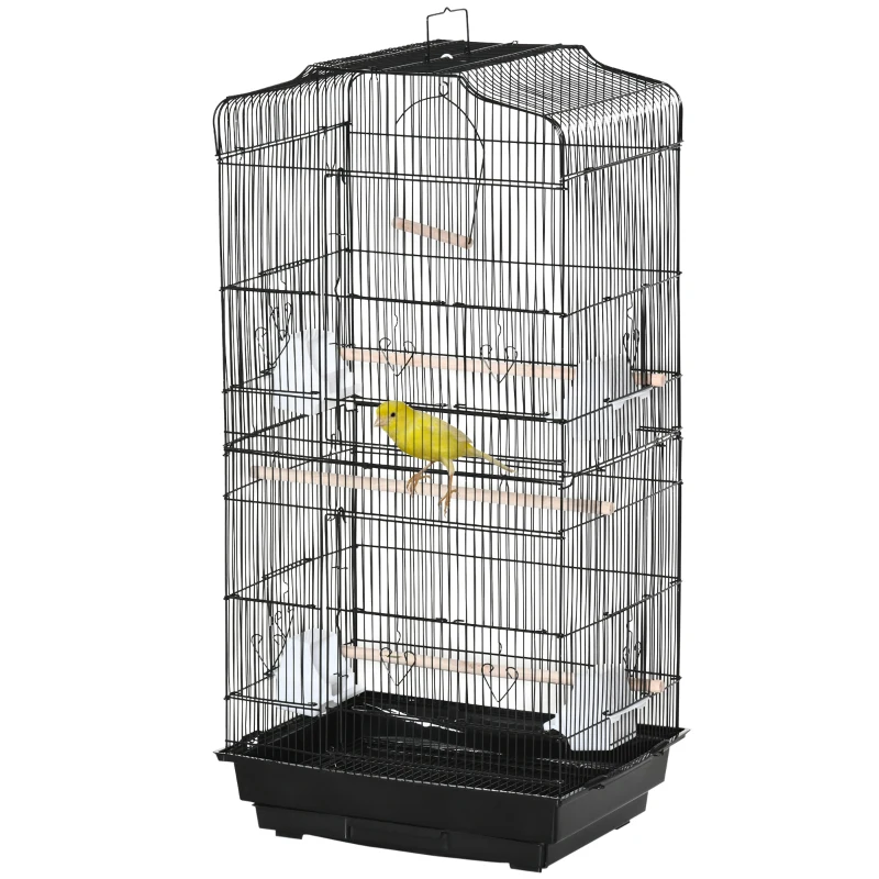 PawHut Gaiola para Passáros Gaiola de Metal com Portas 4 Comedouros 3 Poleiros Baloiço Bandeja Removível e Alça de Transporte para Papagaio Canário Periquito 46,5x35,5x92cm Preto
