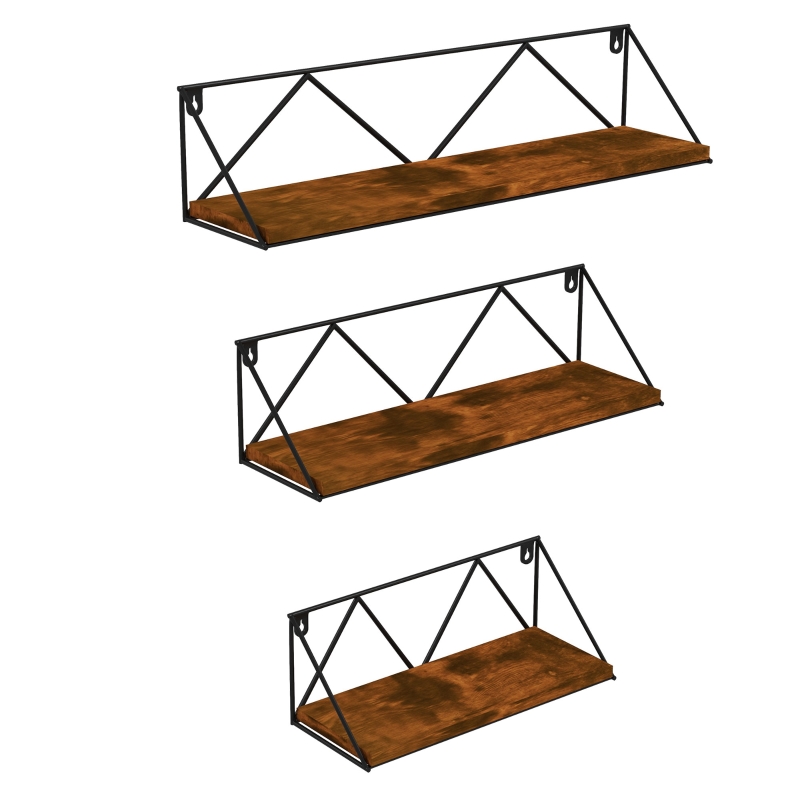 HOMCOM Conjunto de 3 Prateleiras de Parede Industrial Prateleiras Suspensas 30x12x12 cm 40x12x12 e cm 50x12x12 cm Madeira e Preto