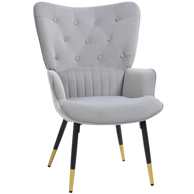 HOMCOM Poltrona Individual Estofada em Veludo com Encosto Alto Apoio para os Braços e Pés de Aço Estilo Moderno 68x72x103cm Cinza