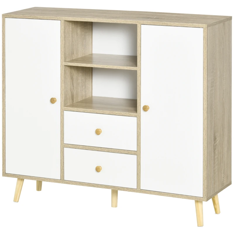 HOMCOM Aparador de Sala de Estar com 2 Portas 2 Gavetas e 2 Prateleiras Abertas Móvel Auxiliar de Armazenamento para Cozinha Entrada 100x30x85cm Branco e Natural