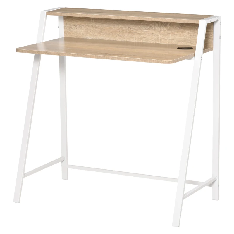 HOMCOM Secretária Mesa de Computador 84x45x85cm com Bancada de Madeira e Pés de Metal Estilo Moderno Carvalho e Branco
