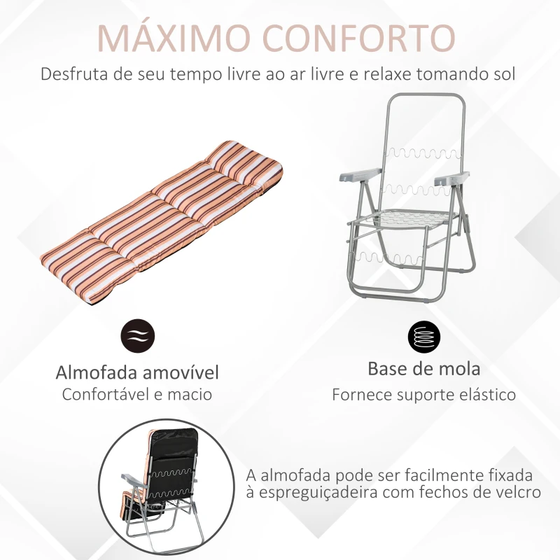 Outsunny 2 Espreguiçadeiras de Jardim Dobráveis Espreguiçadeiras de Aço com Almofada Acolchoada Encosto Ajustável em 5 Posições e Apoio para os Pés 60x75x65-102cm Laranja e Branco